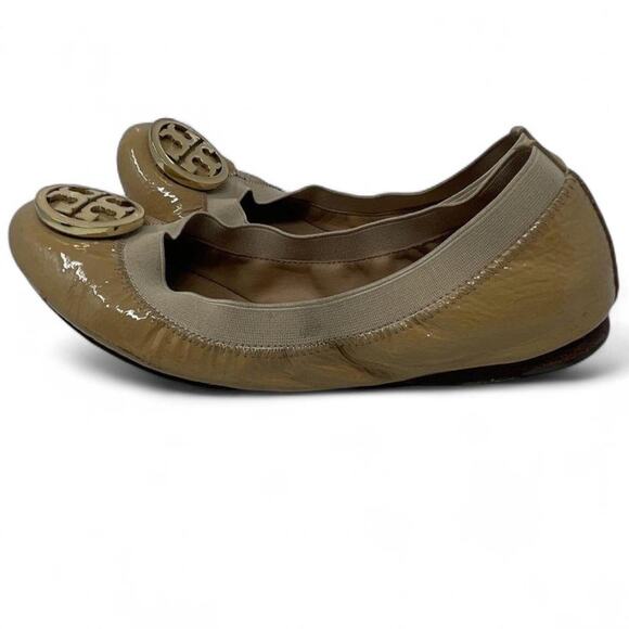Tory Burch Tan Beige Patent Leather Ballet Flats Neutral Minimalist Preppy 6 - Picture 2 of 6